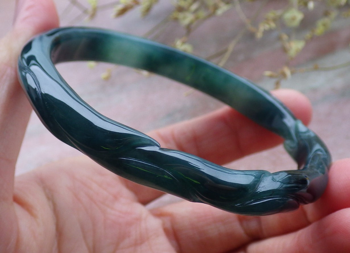 60mm Certified Hand Carved Icy Blue Water Green Natural A JADE Jadeite Fox Circle Bangle Bracelet