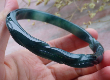 60mm Certified Hand Carved Icy Blue Water Green Natural A JADE Jadeite Fox Circle Bangle Bracelet