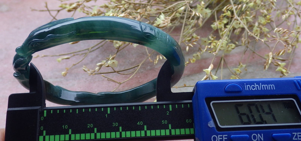 60mm Certified Hand Carved Icy Blue Water Green Natural A JADE Jadeite Fox Circle Bangle Bracelet