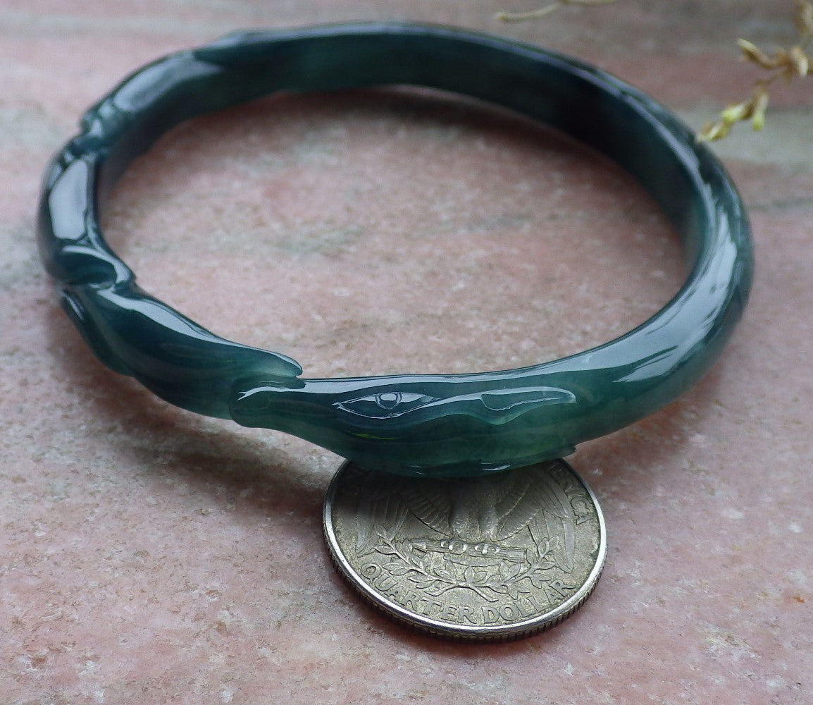 60mm Certified Hand Carved Icy Blue Water Green Natural A JADE Jadeite Fox Circle Bangle Bracelet