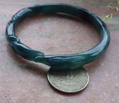 60mm Certified Hand Carved Icy Blue Water Green Natural A JADE Jadeite Fox Circle Bangle Bracelet