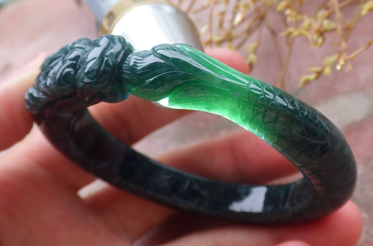 54mm Certified Hand Carved Natural A Jade Jadeite Dragon Circle Bangle Bracelet