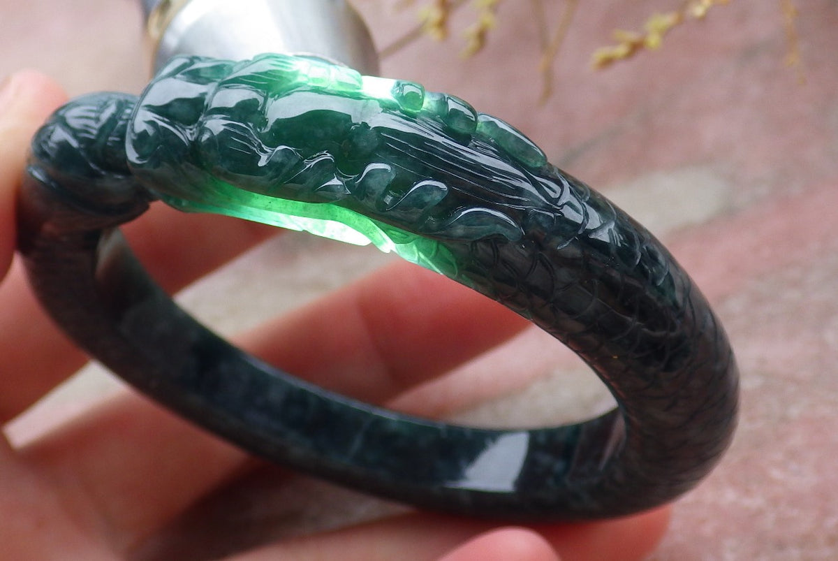 54mm Certified Hand Carved Natural A Jade Jadeite Dragon Circle Bangle Bracelet