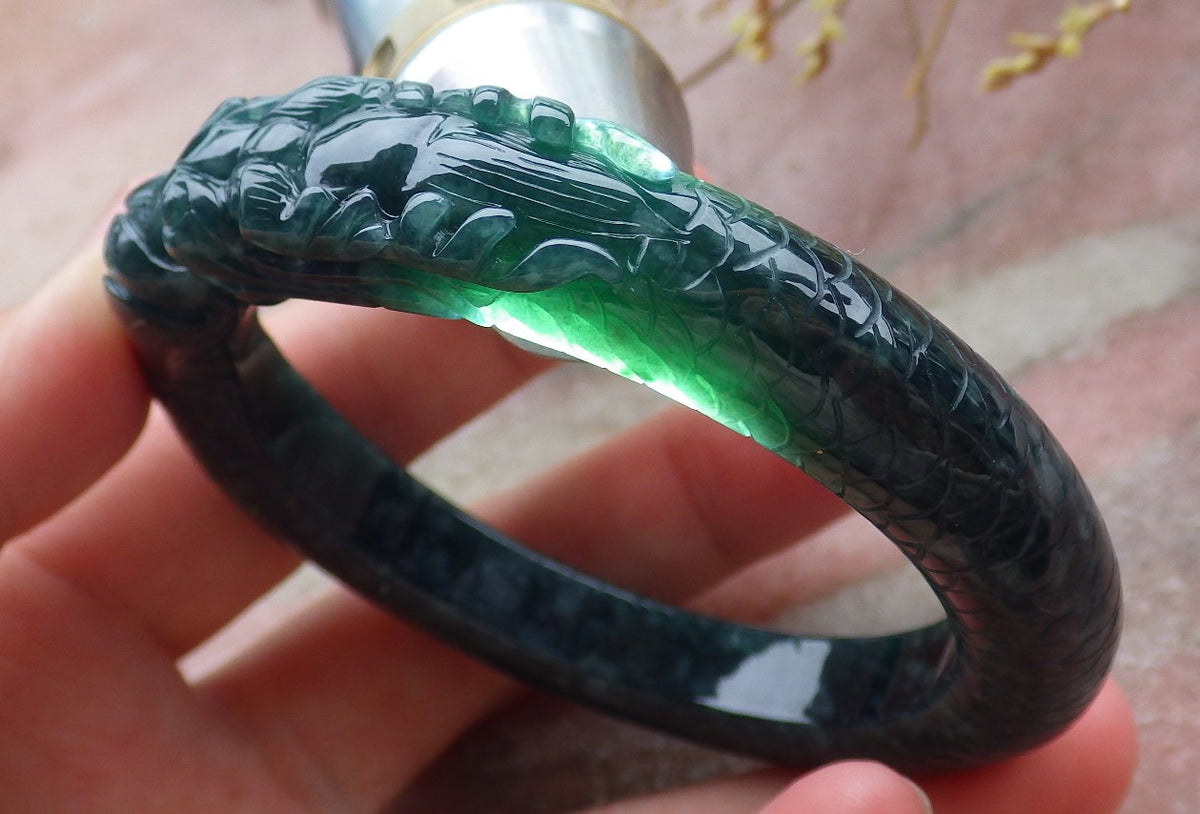 54mm Certified Hand Carved Natural A Jade Jadeite Dragon Circle Bangle Bracelet