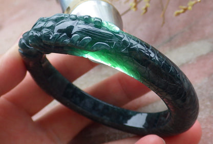 54mm Certified Hand Carved Natural A Jade Jadeite Dragon Circle Bangle Bracelet