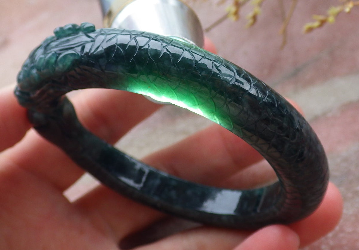 54mm Certified Hand Carved Natural A Jade Jadeite Dragon Circle Bangle Bracelet