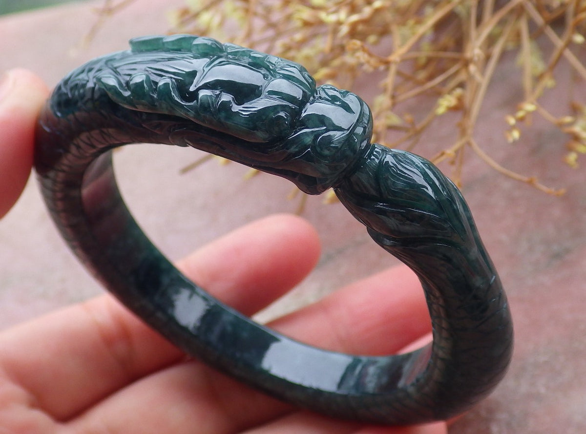 54mm Certified Hand Carved Natural A Jade Jadeite Dragon Circle Bangle Bracelet