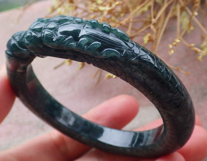 54mm Certified Hand Carved Natural A Jade Jadeite Dragon Circle Bangle Bracelet