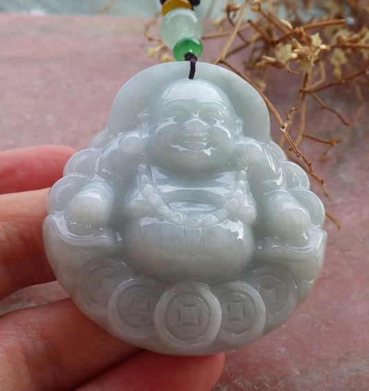 Certified Hand Carved Natural Myanmar Burma A Jade jadeite Coin Buddha God Lucky Amulet Pendant Necklace