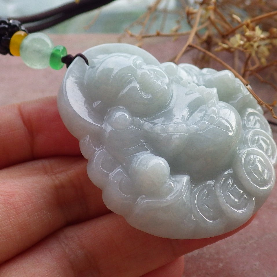 Certified Hand Carved Natural Myanmar Burma A Jade jadeite Coin Buddha God Lucky Amulet Pendant Necklace