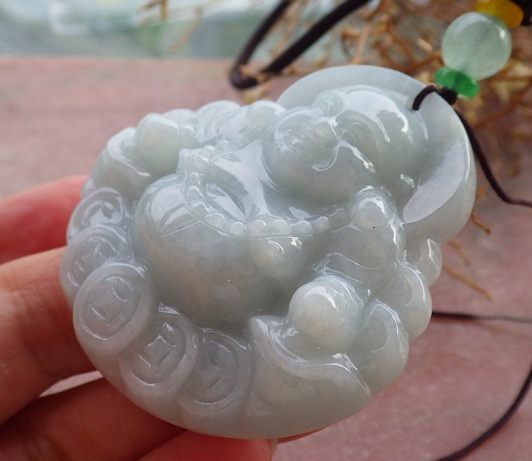 Certified Hand Carved Natural Myanmar Burma A Jade jadeite Coin Buddha God Lucky Amulet Pendant Necklace