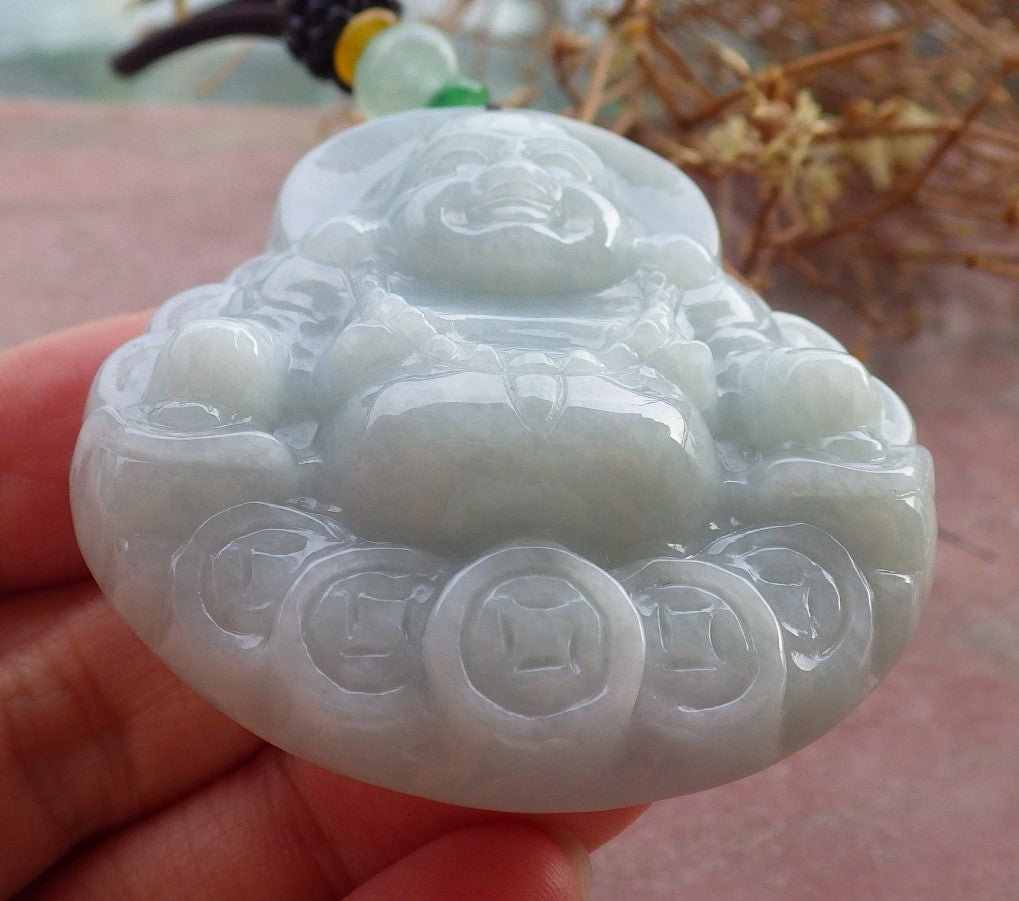 Certified Hand Carved Natural Myanmar Burma A Jade jadeite Coin Buddha God Lucky Amulet Pendant Necklace