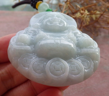Certified Hand Carved Natural Myanmar Burma A Jade jadeite Coin Buddha God Lucky Amulet Pendant Necklace
