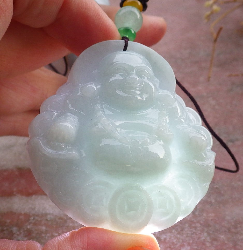 Certified Hand Carved Natural Myanmar Burma A Jade jadeite Coin Buddha God Lucky Amulet Pendant Necklace