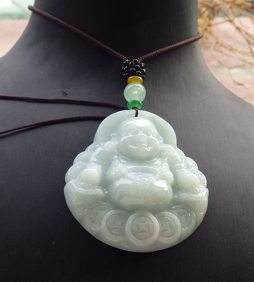 Certified Hand Carved Natural Myanmar Burma A Jade jadeite Coin Buddha God Lucky Amulet Pendant Necklace