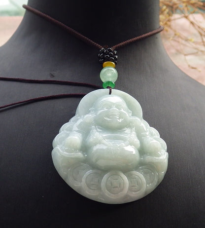 Certified Hand Carved Natural Myanmar Burma A Jade jadeite Coin Buddha God Lucky Amulet Pendant Necklace