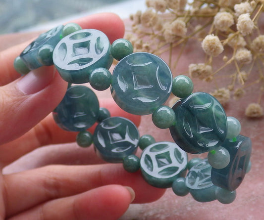 Certified Hand Carved Natural Myanmar Burma A Jade Jadeite Beads Coin Bangle Bracelet And Ring set