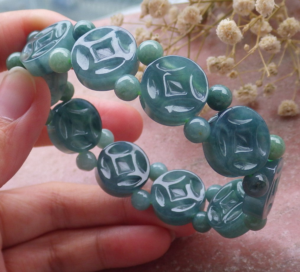 Certified Hand Carved Natural Myanmar Burma A Jade Jadeite Beads Coin Bangle Bracelet And Ring set