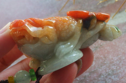 Certified Hand Carved Natural Myanmar Burma A Jade Jadeite Frog Toad Ruyi Money Coin Pendant Necklace