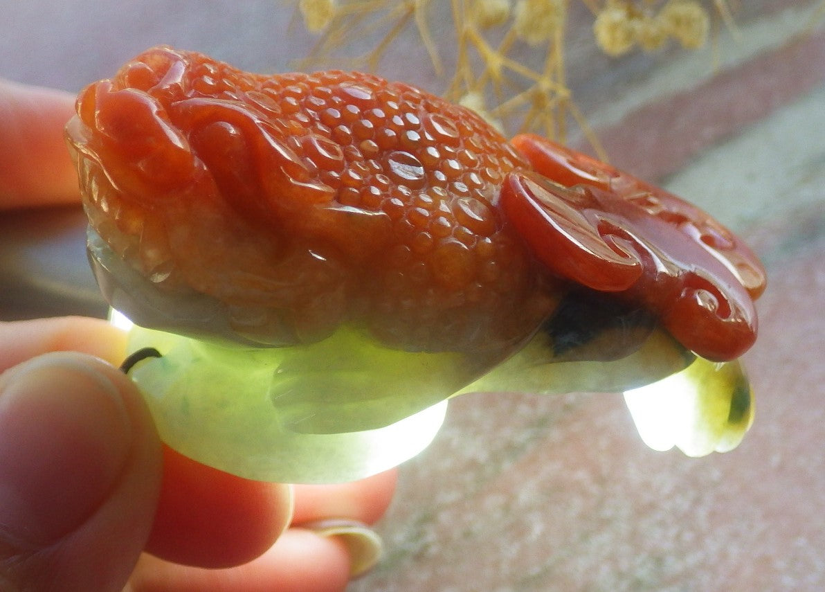 Certified Hand Carved Natural Myanmar Burma A Jade Jadeite Frog Toad Ruyi Money Coin Pendant Necklace