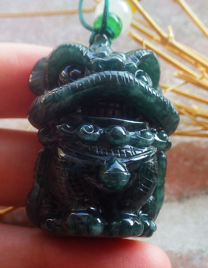Certified Hand Carved Natural Myanmar Burma A Jade jadeite Dragon Lion Lucky Amulet Pendant Necklace