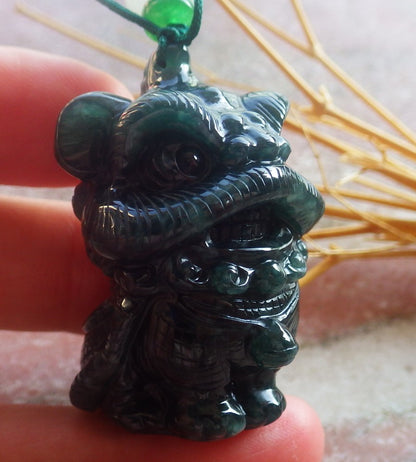 Certified Hand Carved Natural Myanmar Burma A Jade jadeite Dragon Lion Lucky Amulet Pendant Necklace