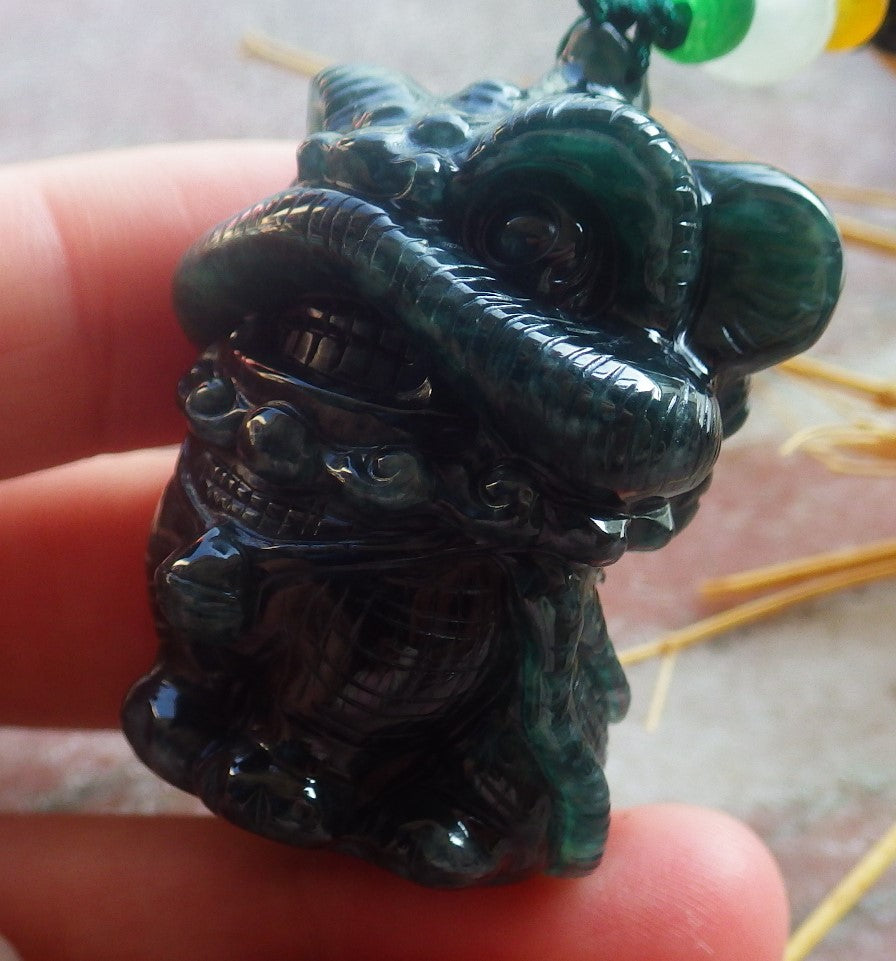 Certified Hand Carved Natural Myanmar Burma A Jade jadeite Dragon Lion Lucky Amulet Pendant Necklace