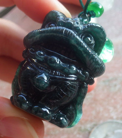 Certified Hand Carved Natural Myanmar Burma A Jade jadeite Dragon Lion Lucky Amulet Pendant Necklace