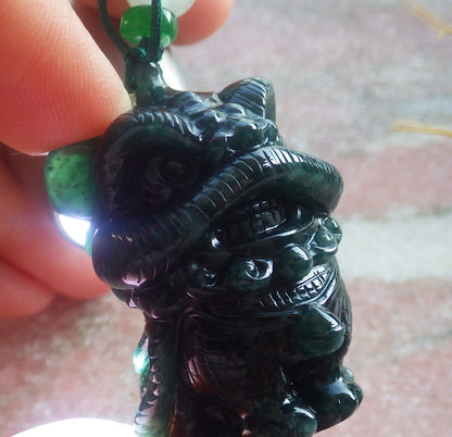 Certified Hand Carved Natural Myanmar Burma A Jade jadeite Dragon Lion Lucky Amulet Pendant Necklace