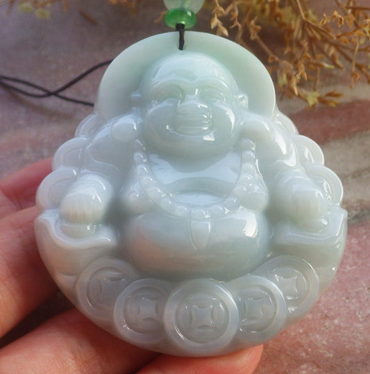 Certified Hand Carved Natural Burma A Jade jadeite Happy Buddha God Coin Lucky Amulet Pendant Necklace