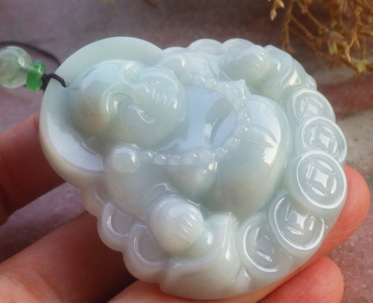 Certified Hand Carved Natural Burma A Jade jadeite Happy Buddha God Coin Lucky Amulet Pendant Necklace