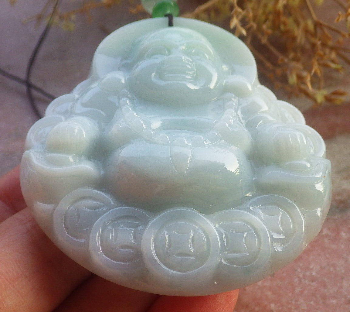 Certified Hand Carved Natural Burma A Jade jadeite Happy Buddha God Coin Lucky Amulet Pendant Necklace
