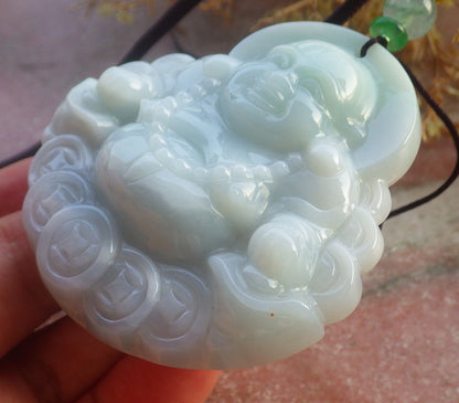 Certified Hand Carved Natural Burma A Jade jadeite Happy Buddha God Coin Lucky Amulet Pendant Necklace