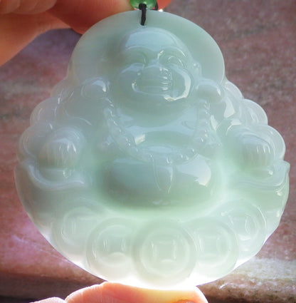 Certified Hand Carved Natural Burma A Jade jadeite Happy Buddha God Coin Lucky Amulet Pendant Necklace