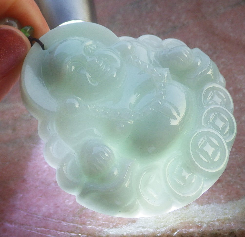 Certified Hand Carved Natural Burma A Jade jadeite Happy Buddha God Coin Lucky Amulet Pendant Necklace