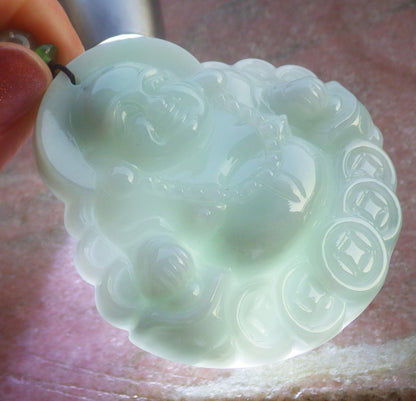 Certified Hand Carved Natural Burma A Jade jadeite Happy Buddha God Coin Lucky Amulet Pendant Necklace