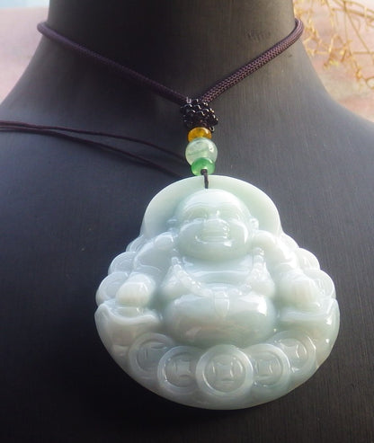 Certified Hand Carved Natural Burma A Jade jadeite Happy Buddha God Coin Lucky Amulet Pendant Necklace