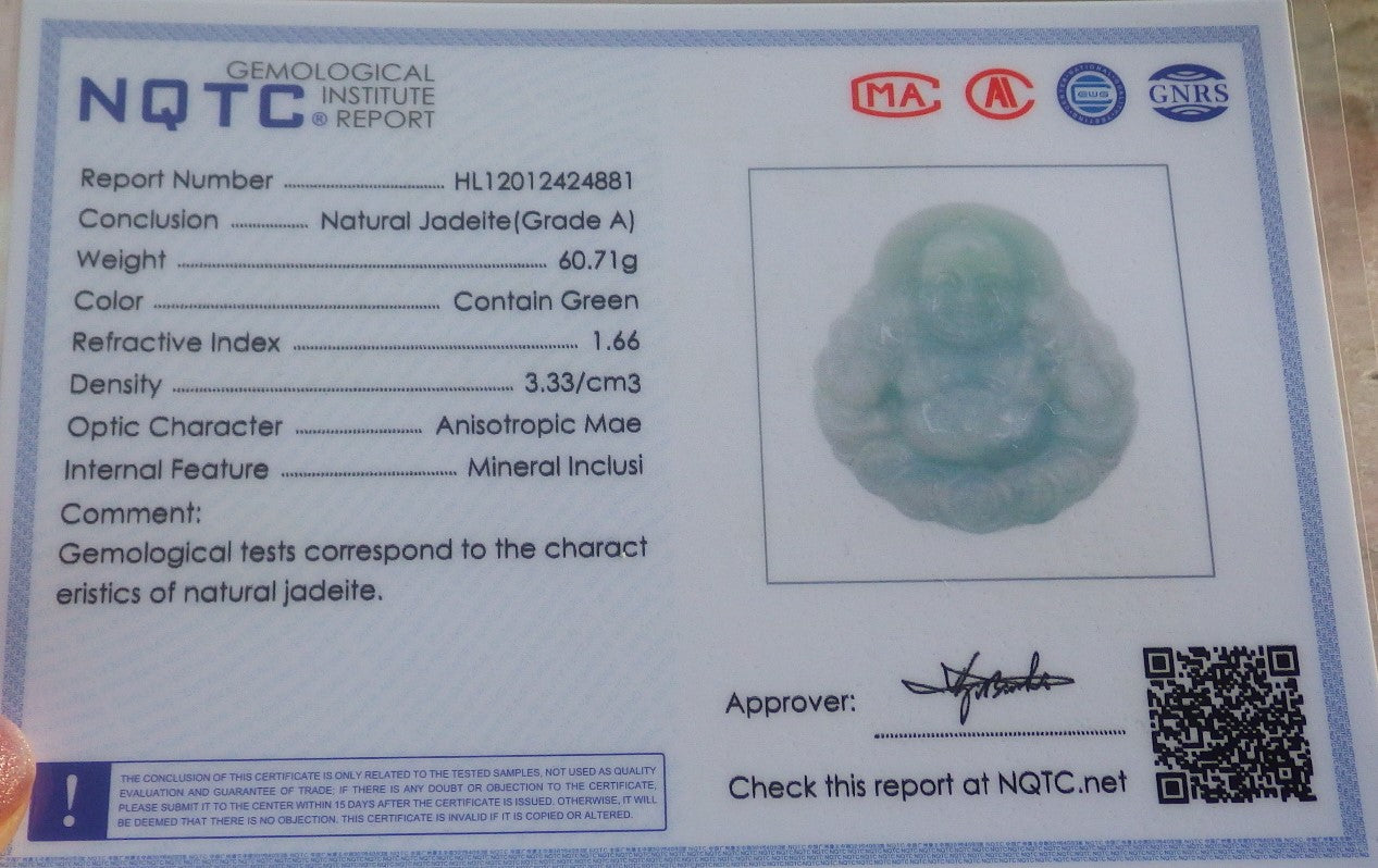 Certified Hand Carved Natural Burma A Jade jadeite Happy Buddha God Coin Lucky Amulet Pendant Necklace