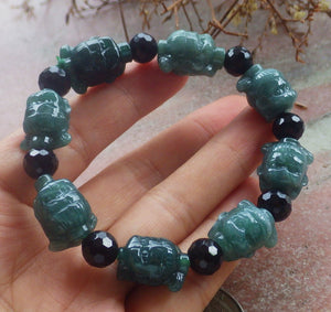 Certified Hand Carved Natural Green A Jade Jadeite Bead Bangle Nezha Bracelet