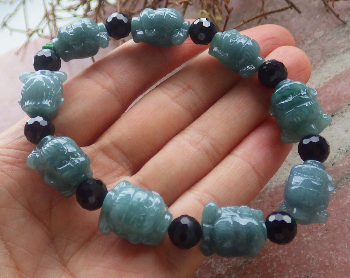 Certified Hand Carved Natural Green A Jade Jadeite Bead Bangle Nezha Bracelet