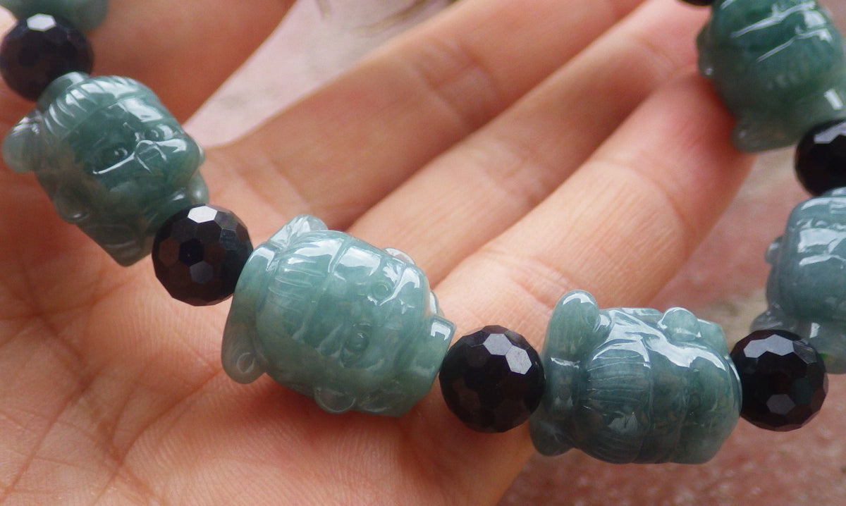 Certified Hand Carved Natural Green A Jade Jadeite Bead Bangle Nezha Bracelet