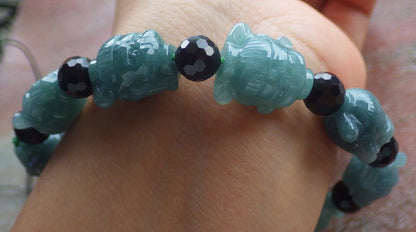 Certified Hand Carved Natural Green A Jade Jadeite Bead Bangle Nezha Bracelet
