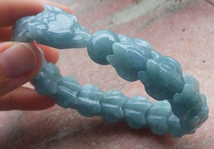 Certified Hand Carved Natural Blue Water Green A JADE Jadeite Dragon Bangle Elastic Bracelet
