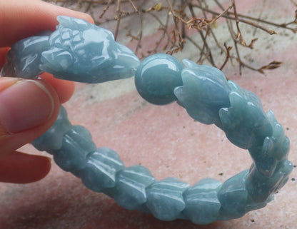 Certified Hand Carved Natural Blue Water Green A JADE Jadeite Dragon Bangle Elastic Bracelet