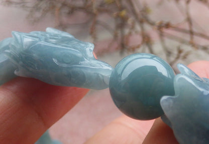 Certified Hand Carved Natural Blue Water Green A JADE Jadeite Dragon Bangle Elastic Bracelet