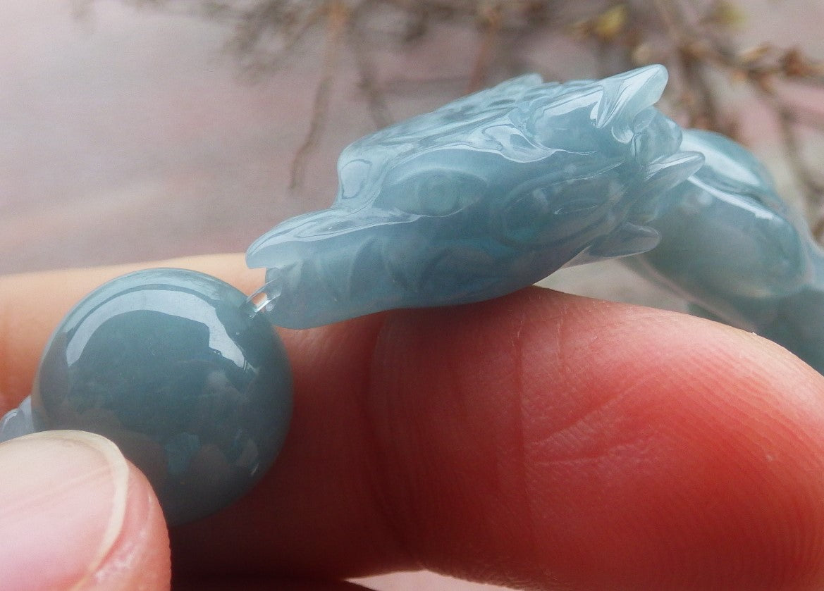Certified Hand Carved Natural Blue Water Green A JADE Jadeite Dragon Bangle Elastic Bracelet