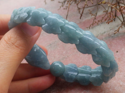 Certified Hand Carved Natural Blue Water Green A JADE Jadeite Dragon Bangle Elastic Bracelet