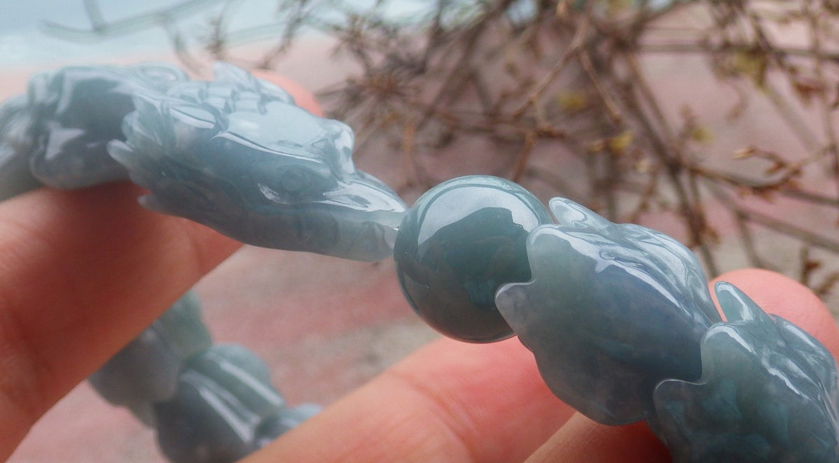 Certified Hand Carved Natural Blue Water Green A JADE Jadeite Dragon Bangle Elastic Bracelet