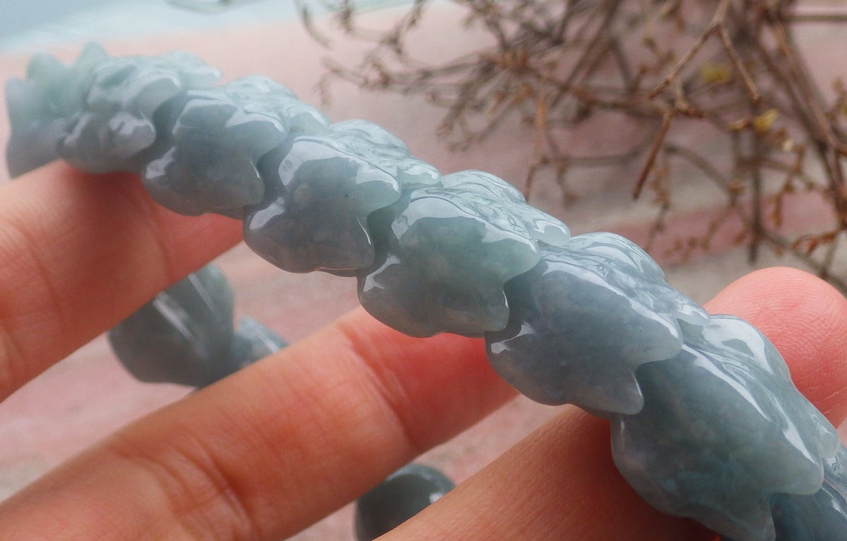 Certified Hand Carved Natural Blue Water Green A JADE Jadeite Dragon Bangle Elastic Bracelet