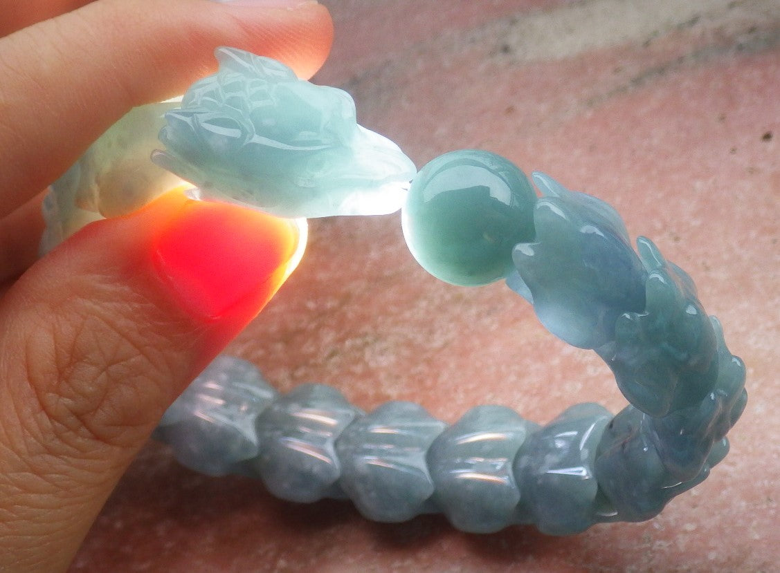 Certified Hand Carved Natural Blue Water Green A JADE Jadeite Dragon Bangle Elastic Bracelet